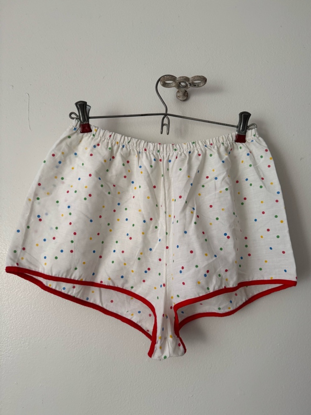 Women Vintage Funfetti Sleep Short.Polka Dot Red Trim Cotton Elastic Waist